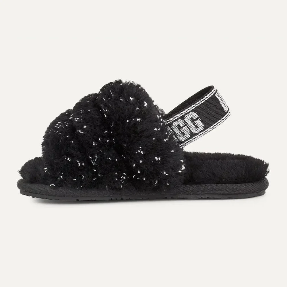 NEW UGG Kid Toddler Fluff Yeah Metallic Sparkle Black Slingback Slide Slipper